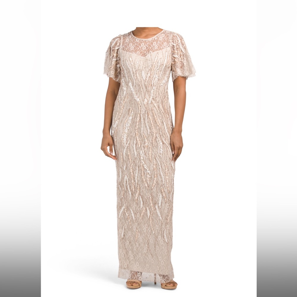 Adrianna Papell embellished sequined lace column gown with Flutter sleeves